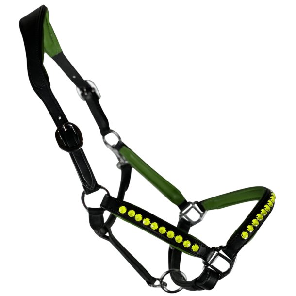 Ldergrime med farvet foring og rkke af gule sten